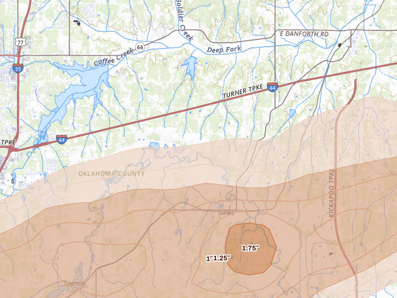 Radar-estimated hail-size map of the storm over Jones, OK on Mar 10, 2026