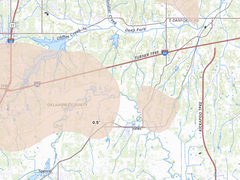 Radar-estimated hail-size map of the storm over Jones, OK on Jun 26, 2026