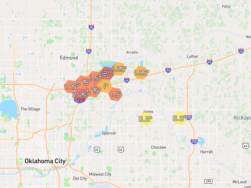 Hail map of Jones, OK on Jun 27, 2026, hail up to 2.25"