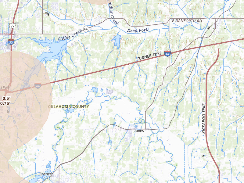 Radar-estimated hail-size map of the storm over Jones, OK on Jul 4, 2026