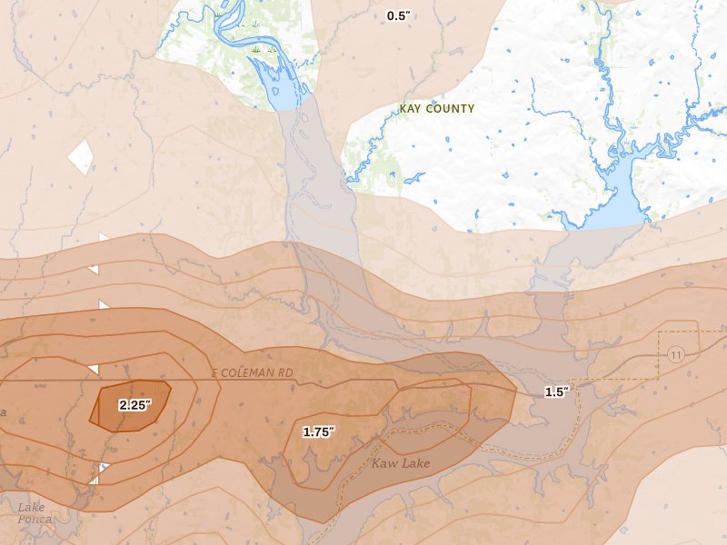 Radar-estimated hail-size map of the storm over Kaw City, OK on Apr 17, 2026