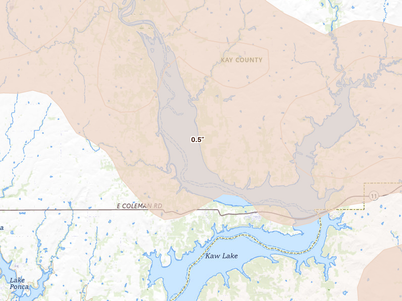 Radar-estimated hail-size map of the storm over Kaw City, OK on Apr 23, 2026