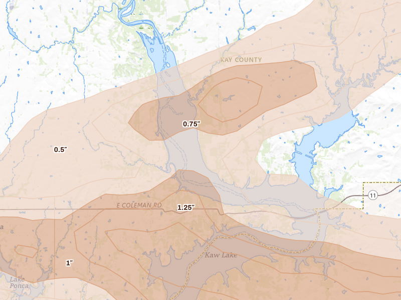 Radar-estimated hail-size map of the storm over Kaw City, OK on May 8, 2026