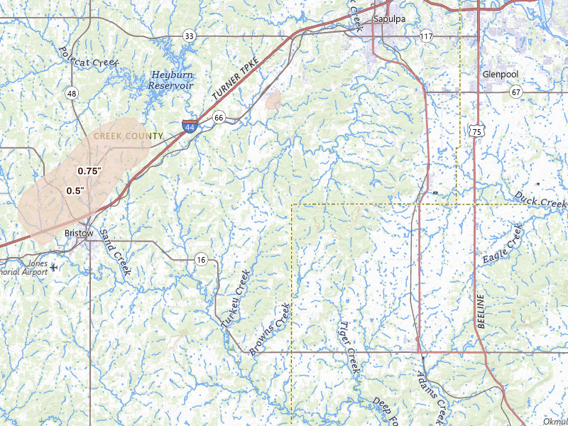 Radar-estimated hail-size map of the storm over Kellyville, OK on Mar 10, 2026
