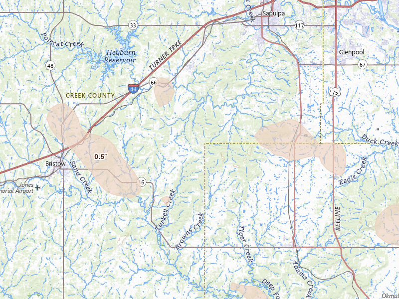 Radar-estimated hail-size map of the storm over Kellyville, OK on May 8, 2026