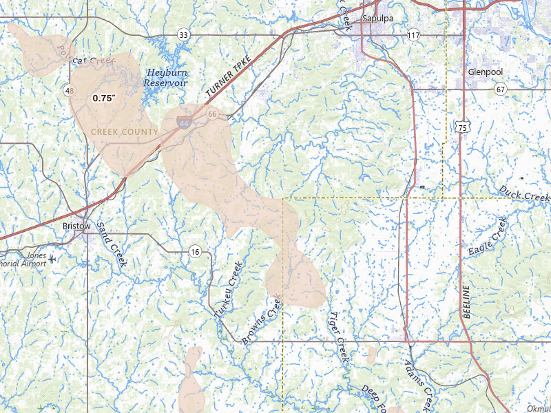 Radar-estimated hail-size map of the storm over Kellyville, OK on Jul 4, 2026