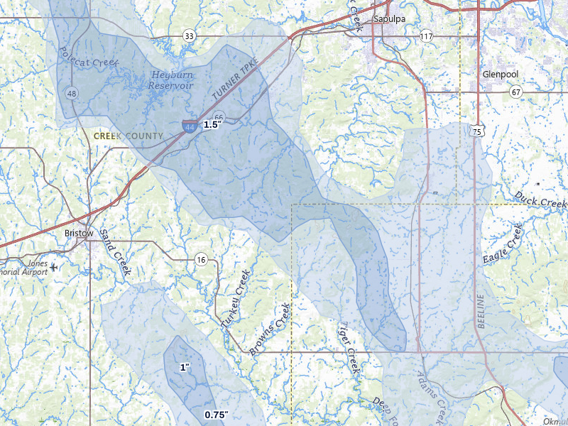 NEXRAD radar-signature map of the hail over Kellyville, OK