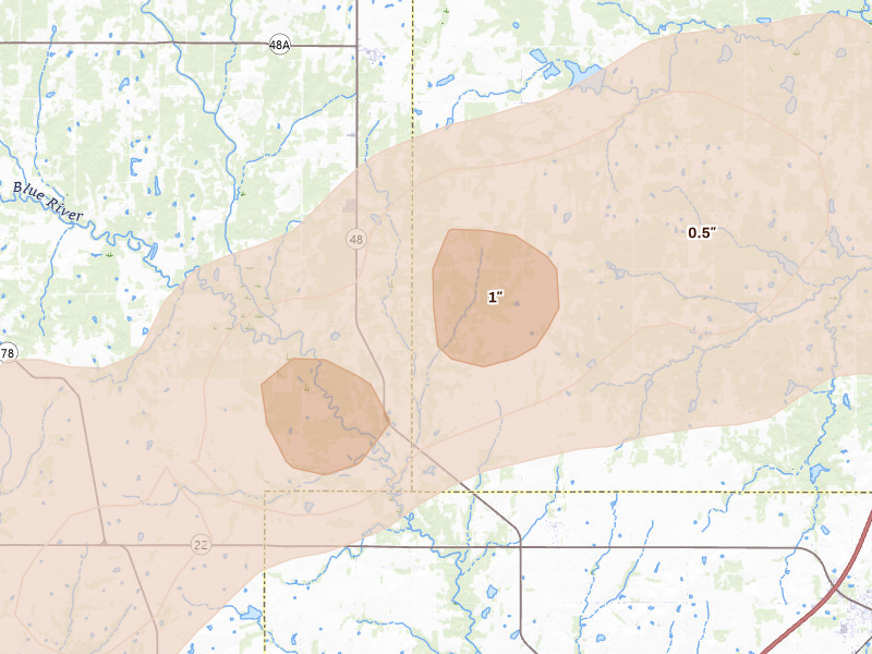 Radar-estimated hail-size map of the storm over Kenefic, OK on Mar 8, 2026