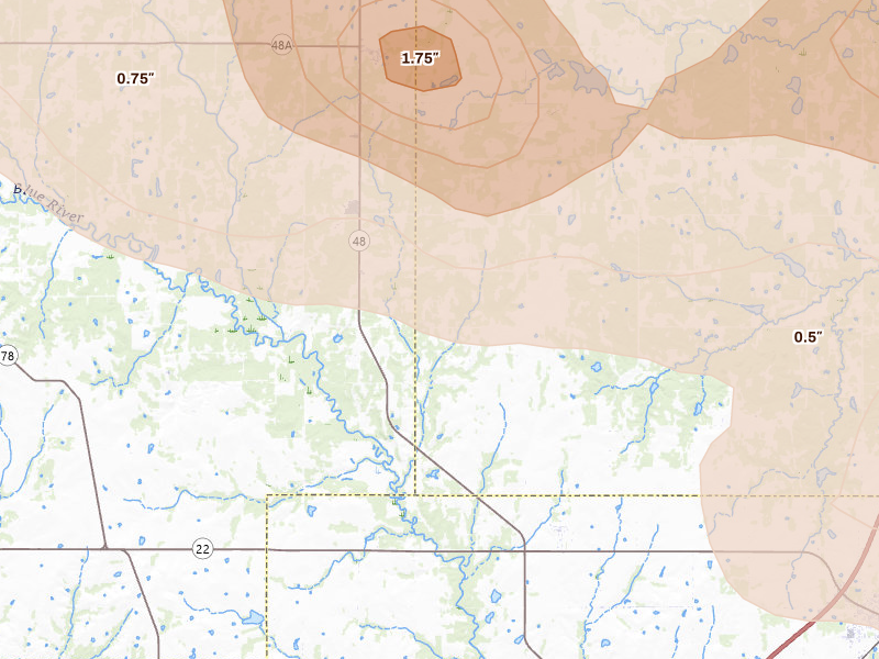 Radar-estimated hail-size map of the storm over Kenefic, OK on Apr 25, 2026