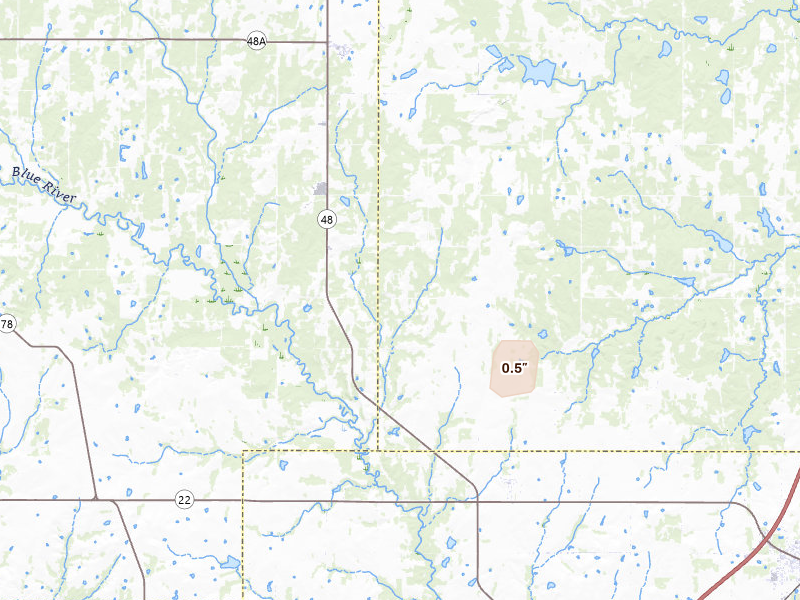 Radar-estimated hail-size map of the storm over Kenefic, OK on Jul 3, 2026