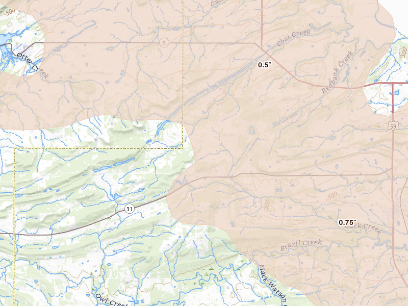 Radar-estimated hail-size map of the storm over Keota, OK on Apr 25, 2026