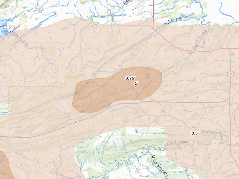 Radar-estimated hail-size map of the storm over Keota, OK on Apr 28, 2026