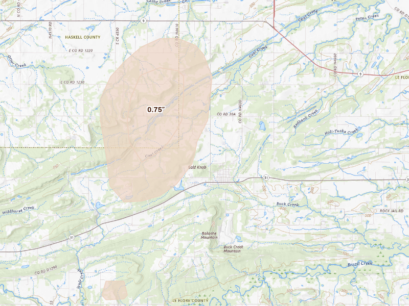 Radar-estimated hail-size map of the storm over Keota, OK
