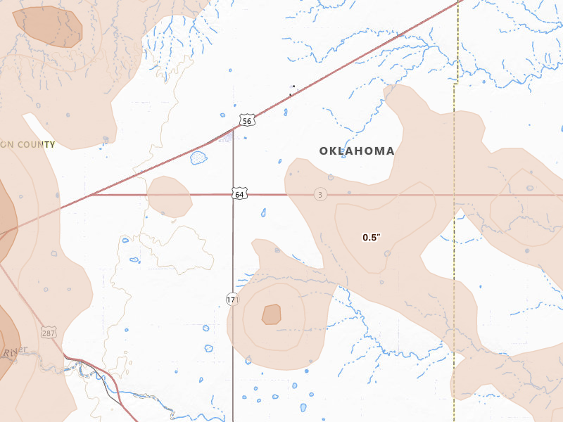 Radar-estimated hail-size map of the storm over Keyes, OK on Aug 6, 2026