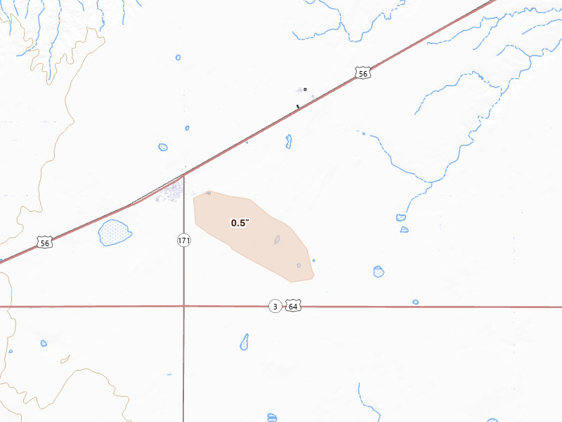 Radar-estimated hail-size map of the storm over Keyes, OK on Aug 27, 2026