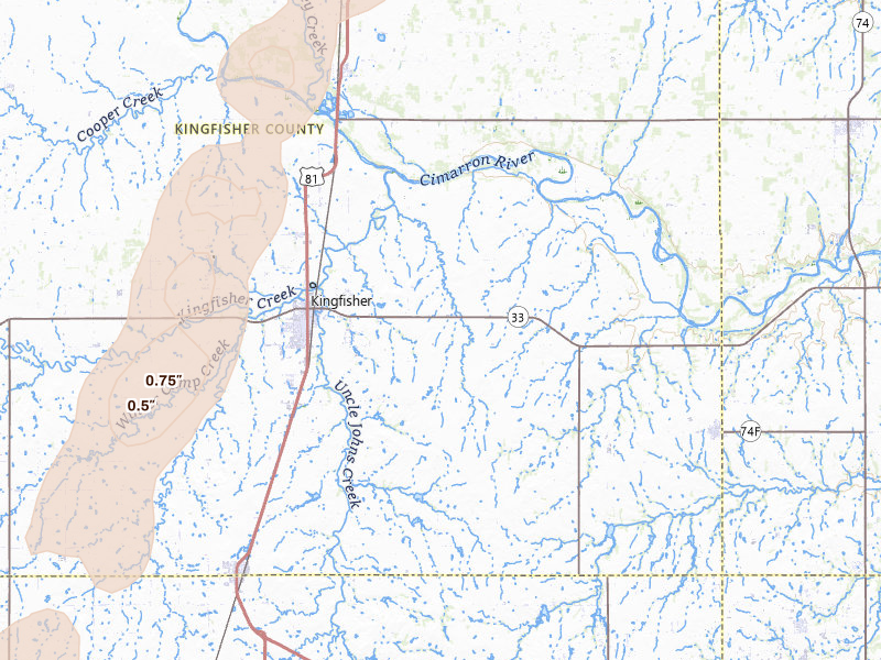 Radar-estimated hail-size map of the storm over Kingfisher, OK on Mar 10, 2026