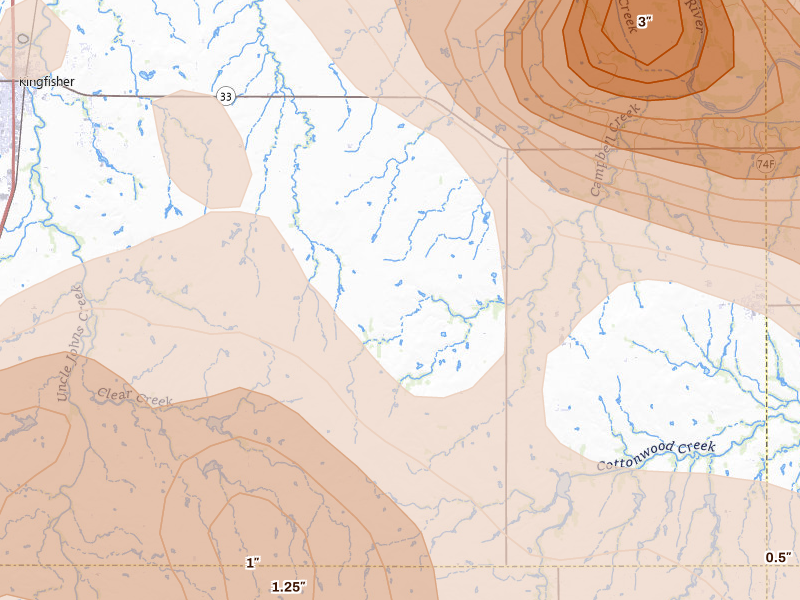Radar-estimated hail-size map of the storm over Kingfisher, OK on Jun 26, 2026