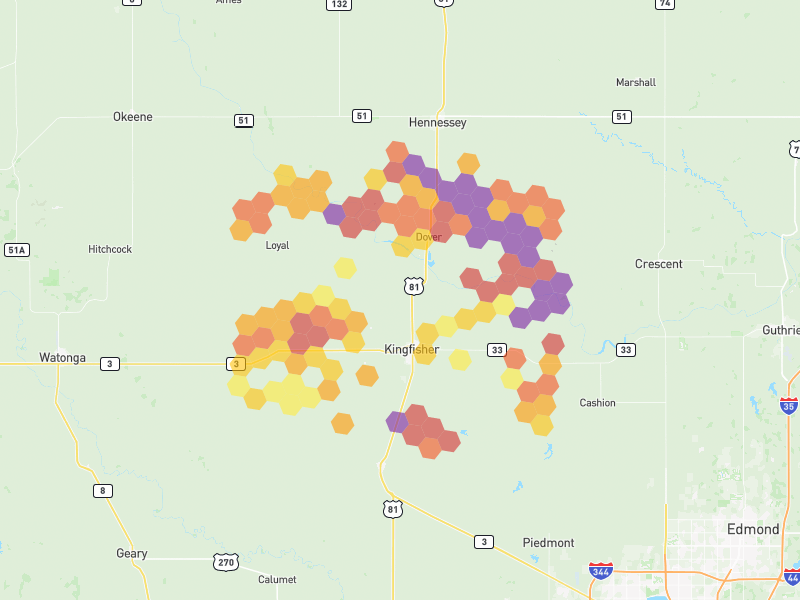 Hail map of Kingfisher, OK on Jun 27, 2026, hail up to 4"