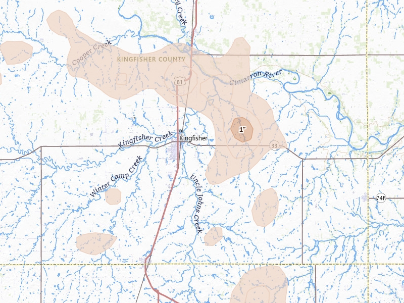 Radar-estimated hail-size map of the storm over Kingfisher, OK on Aug 7, 2026