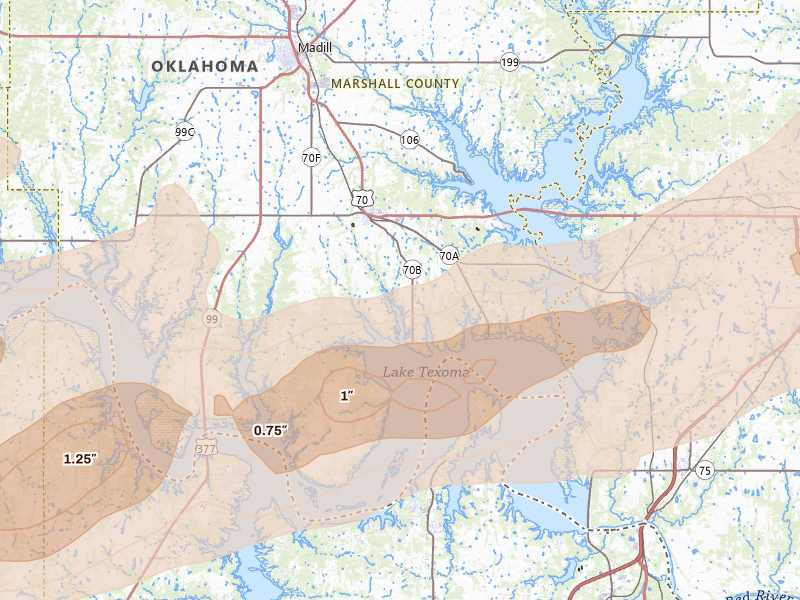 Radar-estimated hail-size map of the storm over Kingston, OK on Apr 28, 2026