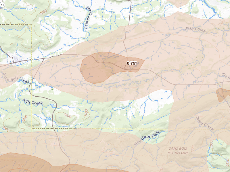 Radar-estimated hail-size map of the storm over Kinta, OK on Apr 28, 2026