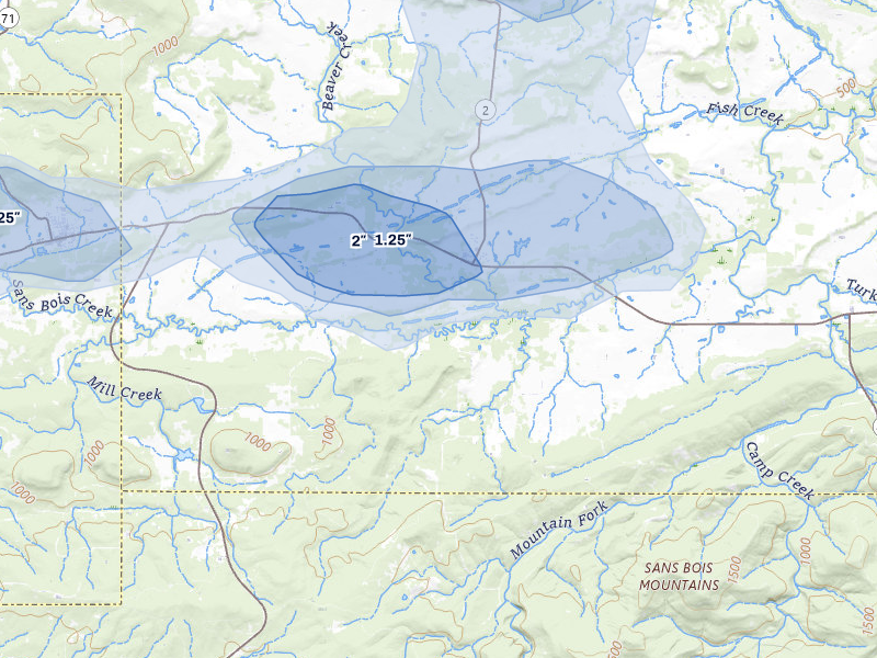 NEXRAD radar-signature map of the hail storm over Kinta, OK on Apr 28, 2026