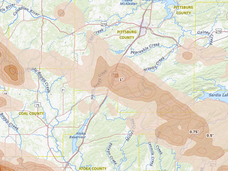 Radar-estimated hail-size map of the storm over Kiowa, OK on Apr 24, 2026