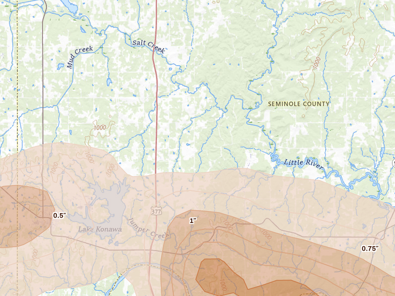 Radar-estimated hail-size map of the storm over Konawa, OK on Apr 24, 2026