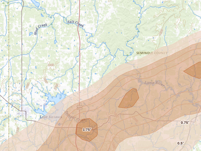 Radar-estimated hail-size map of the storm over Konawa, OK on Apr 28, 2026