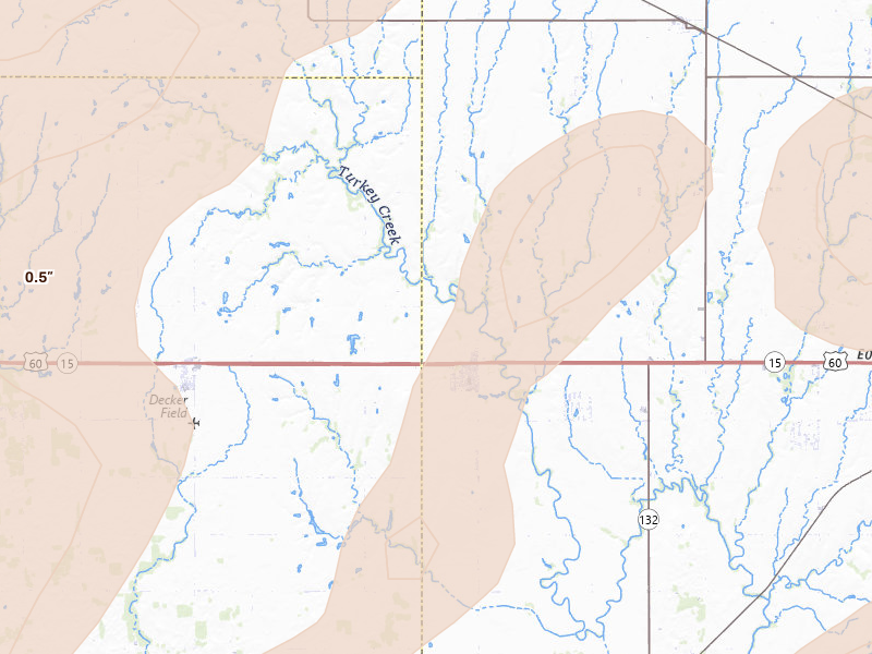 Radar-estimated hail-size map of the storm over Lahoma, OK on May 29, 2026