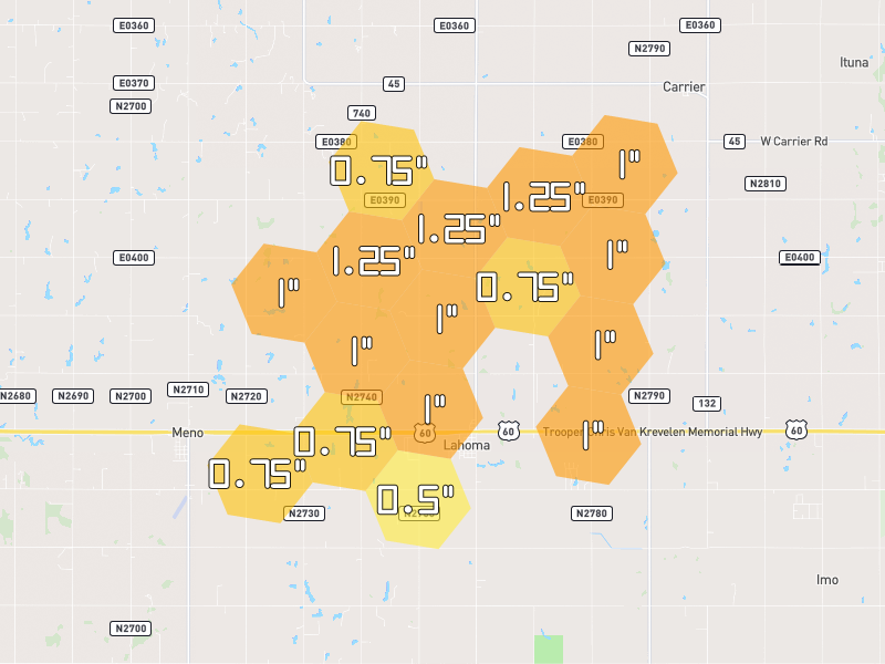 Hail map of Lahoma, OK on Jun 27, 2026, hail up to 1.25"