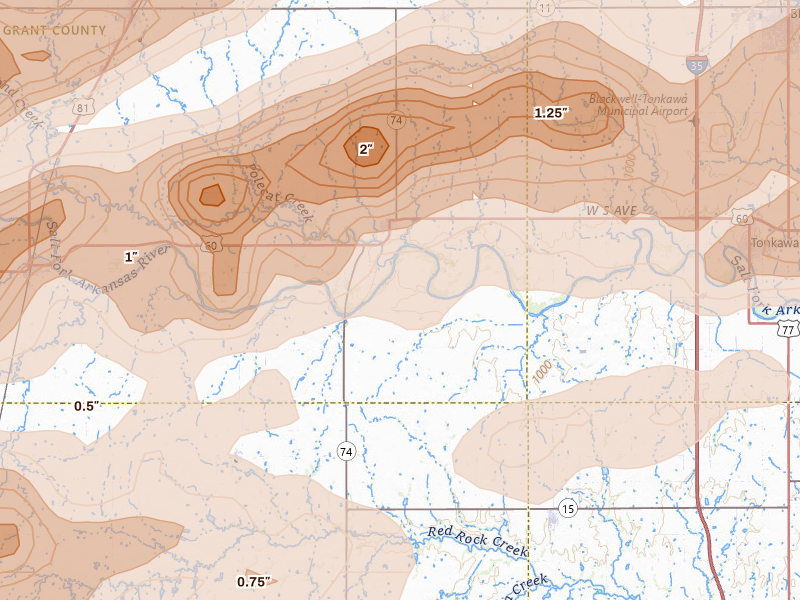 Radar-estimated hail-size map of the storm over Lamont, OK on Apr 17, 2026