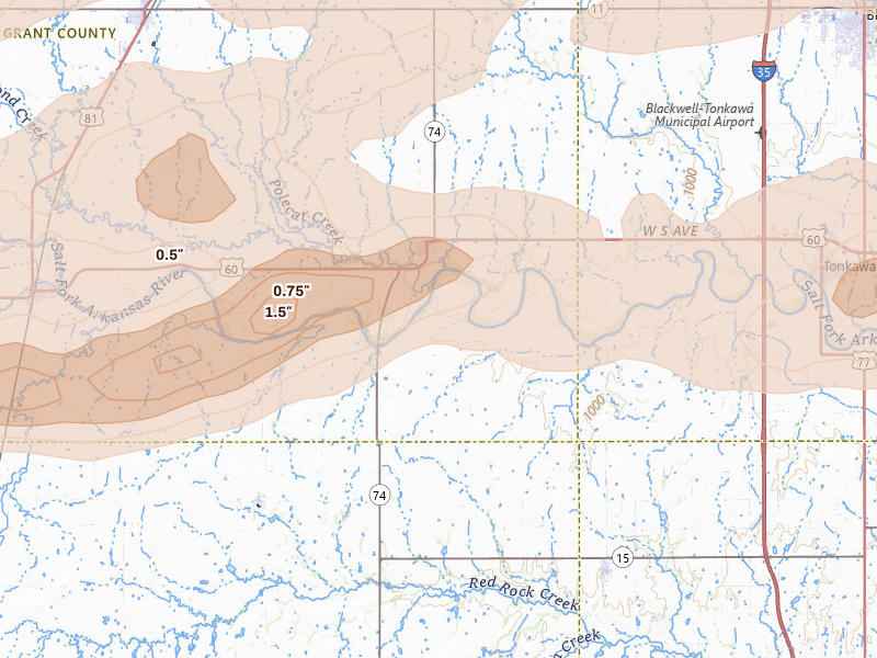 Radar-estimated hail-size map of the storm over Lamont, OK on Apr 23, 2026