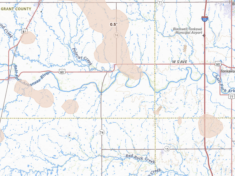 Radar-estimated hail-size map of the storm over Lamont, OK on Jun 1, 2026