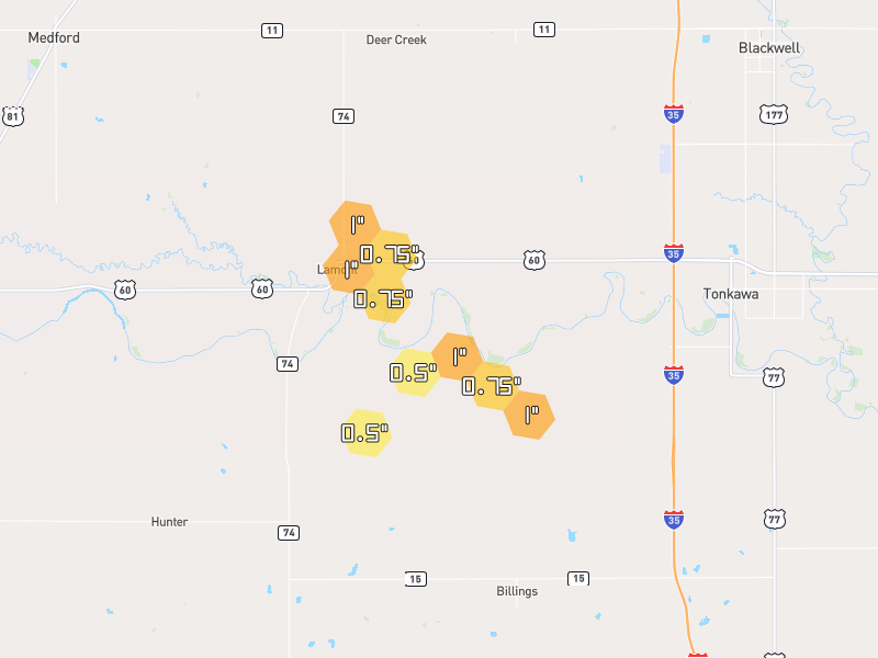 Hail map of Lamont, OK on Jun 2, 2026, hail up to 1"