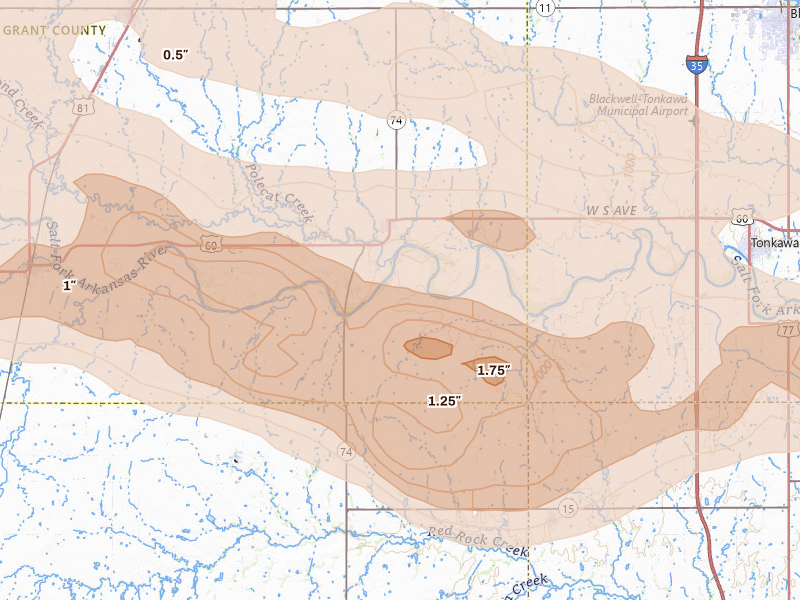 Radar-estimated hail-size map of the storm over Lamont, OK on Jun 18, 2026