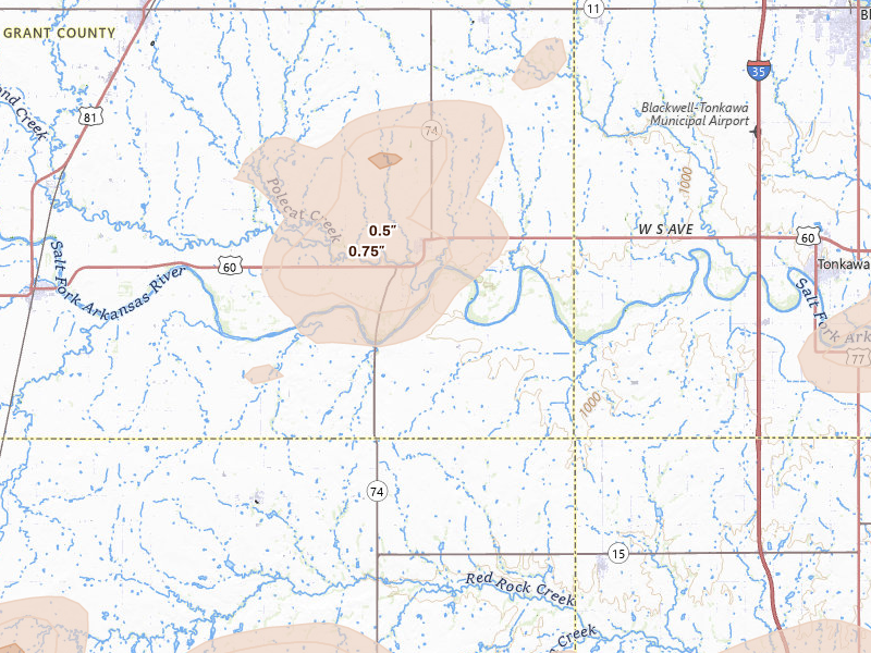 Radar-estimated hail-size map of the storm over Lamont, OK on Jun 26, 2026