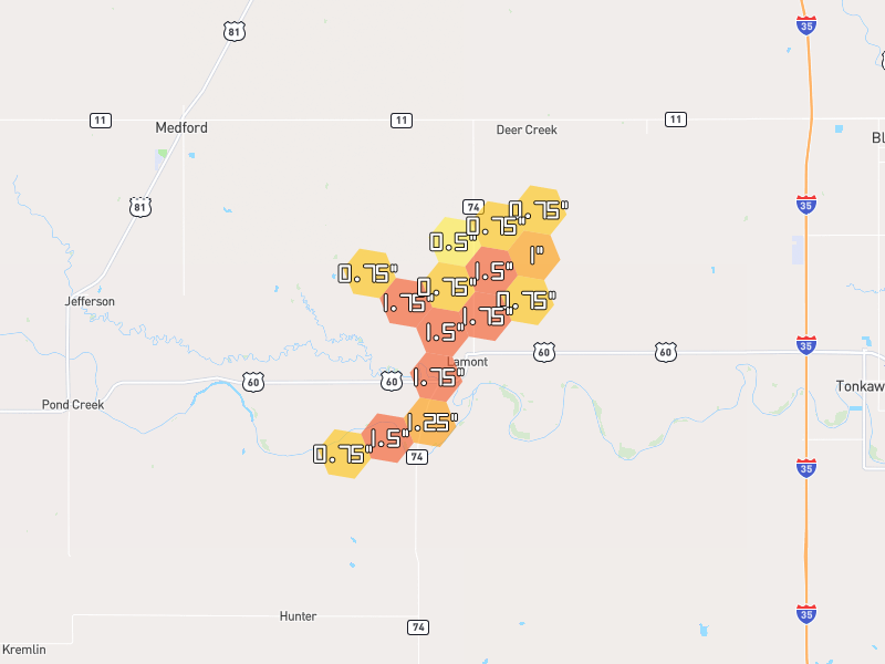 Hail map of Lamont, OK on Jun 26, 2026, hail up to 1.75"