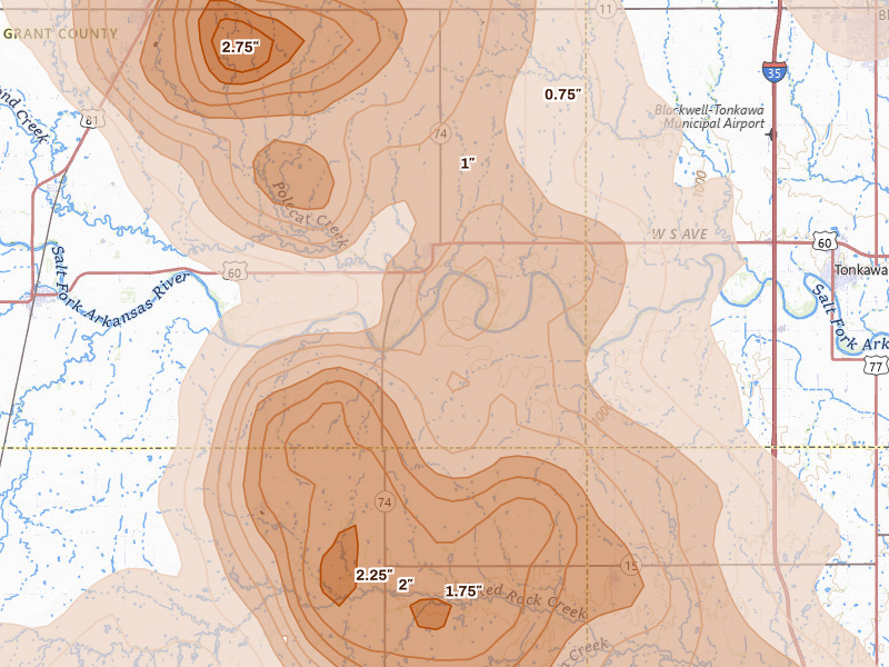 Radar-estimated hail-size map of the storm over Lamont, OK on Jul 4, 2026