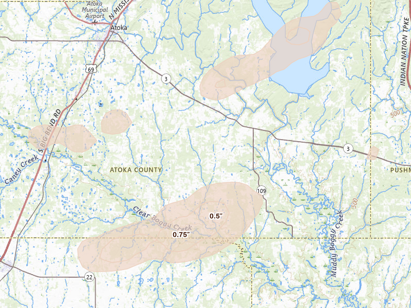 Radar-estimated hail-size map of the storm over Lane, OK on Mar 4, 2026