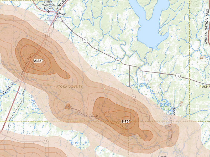 Radar-estimated hail-size map of the storm over Lane, OK on Apr 24, 2026