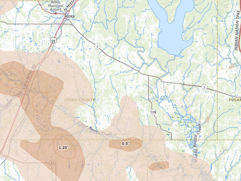 Radar-estimated hail-size map of the storm over Lane, OK on Apr 25, 2026