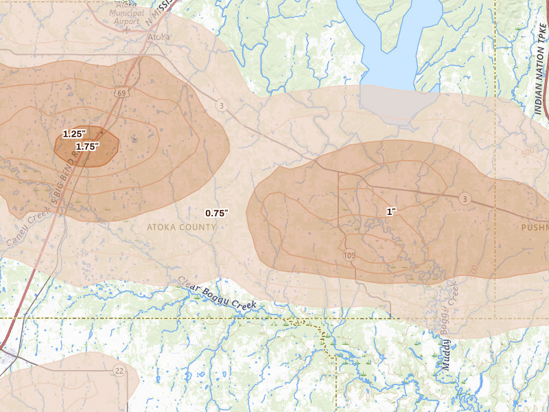 Radar-estimated hail-size map of the storm over Lane, OK on Apr 28, 2026