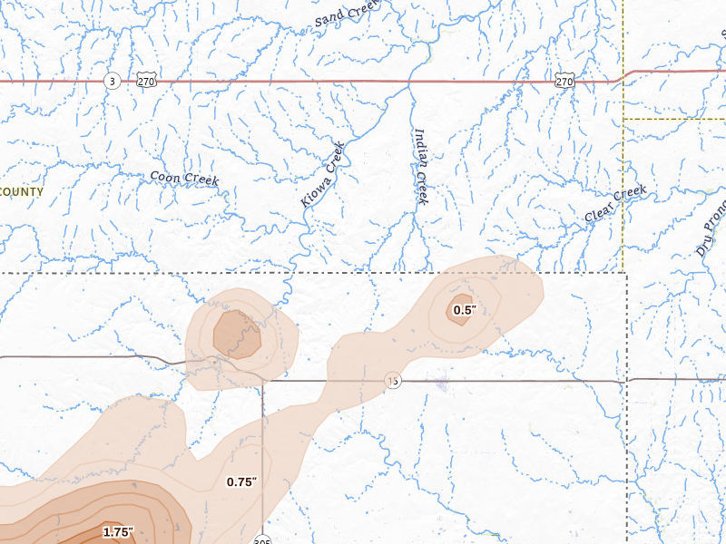 Radar-estimated hail-size map of the storm over Laverne, OK on Jun 8, 2026