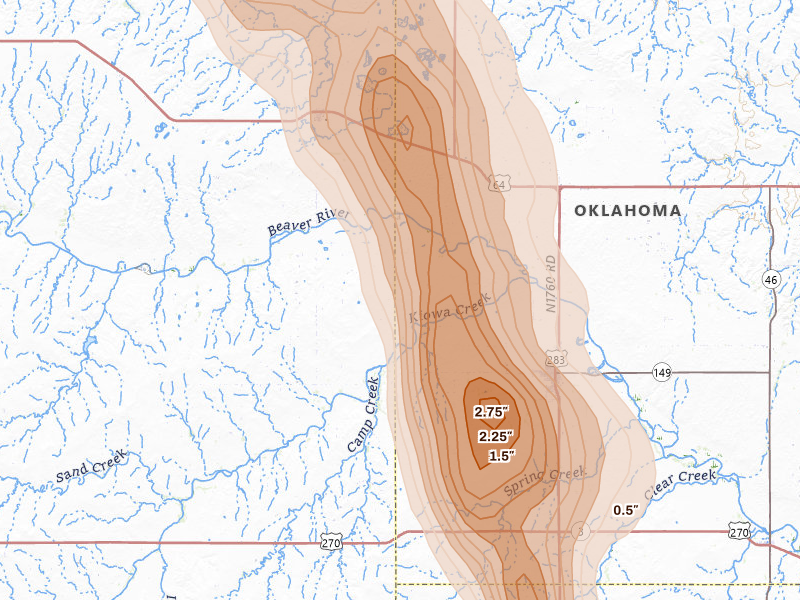Radar-estimated hail-size map of the storm over Laverne, OK on Jun 16, 2026