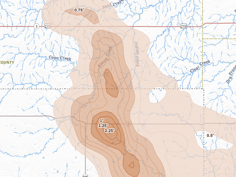 Radar-estimated hail-size map of the storm over Laverne, OK on Jun 22, 2026