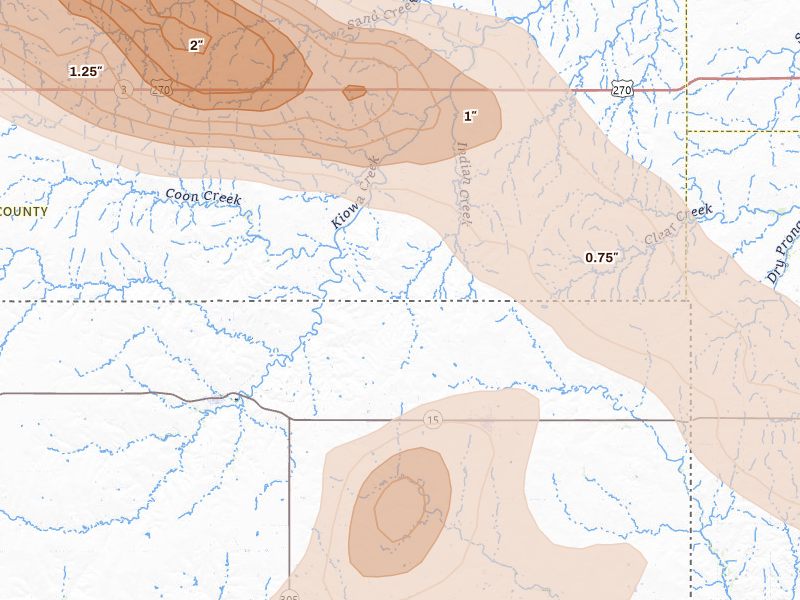 Radar-estimated hail-size map of the storm over Laverne, OK on Jun 25, 2026