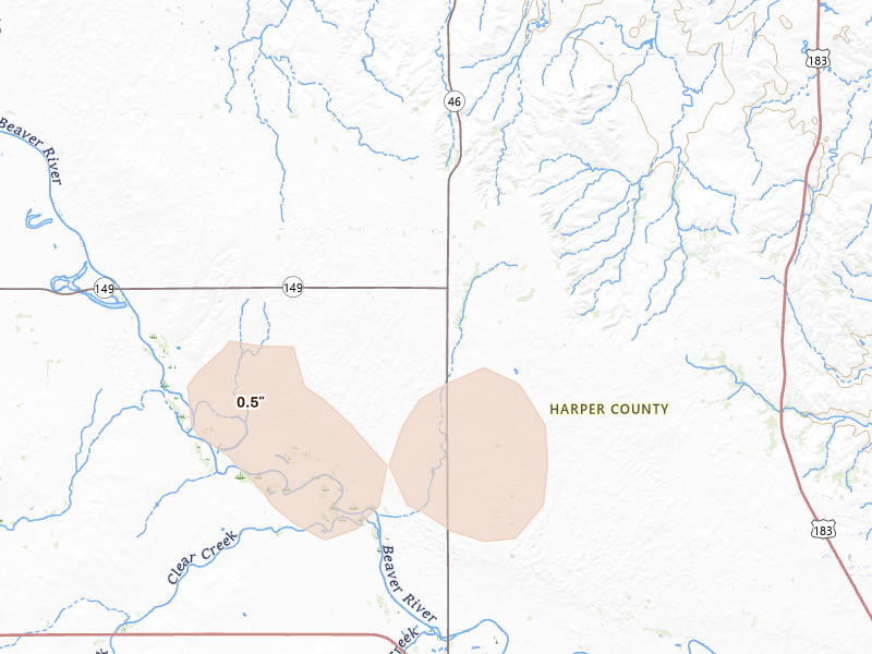 Radar-estimated hail-size map of the storm over Laverne, OK on Aug 16, 2026
