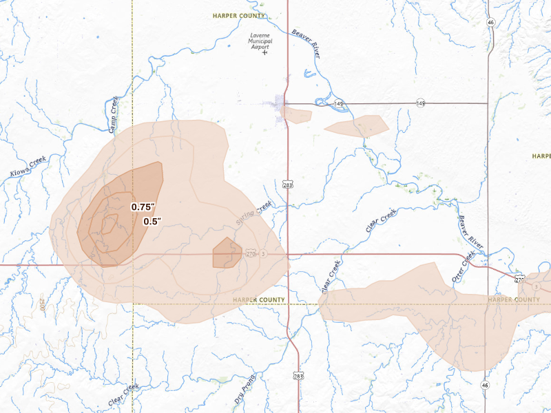 Radar-estimated hail-size map of the storm over Laverne, OK
