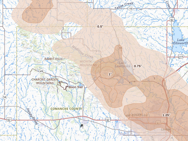 Radar-estimated hail-size map of the storm over Lawton, OK on Jun 11, 2026